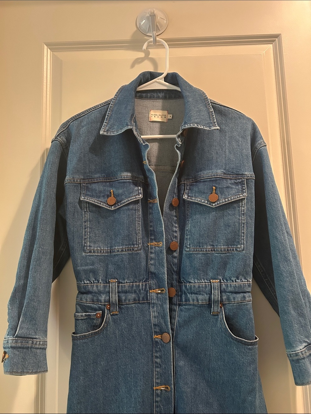 Alice & Olivia Full Button Front Midi Denim Jean Dress pockets w/stretch size 4 - Picture 3 of 13